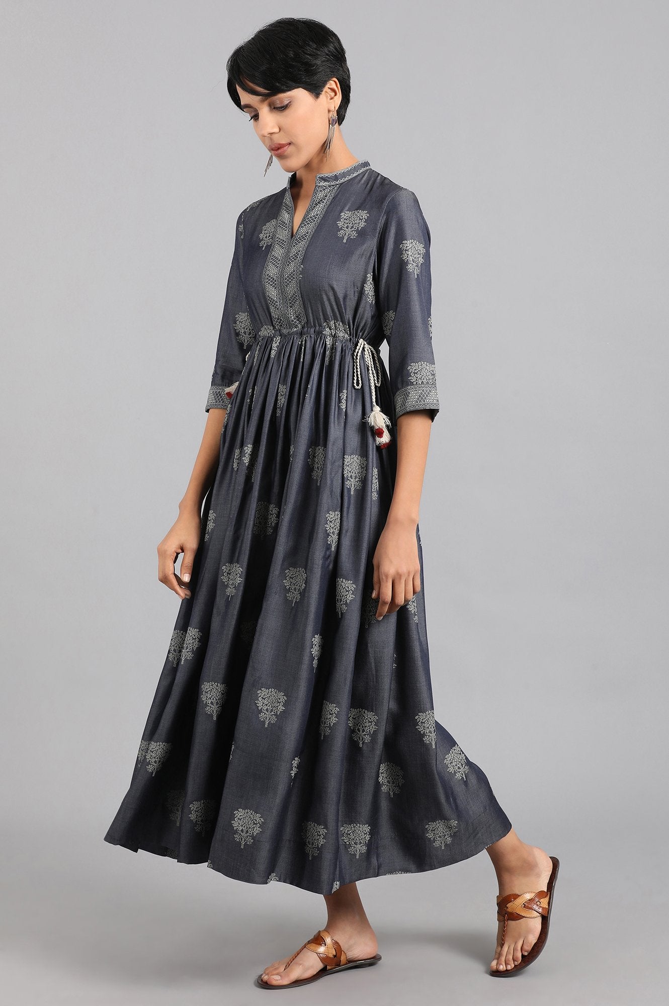 Blue Mandarin Neck Gathered kurta Dress