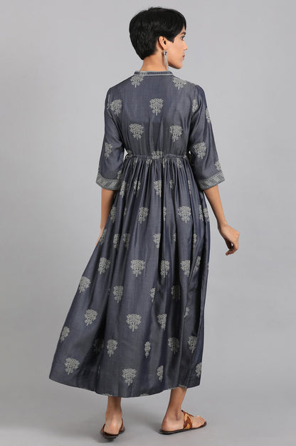 Blue Mandarin Neck Gathered kurta Dress