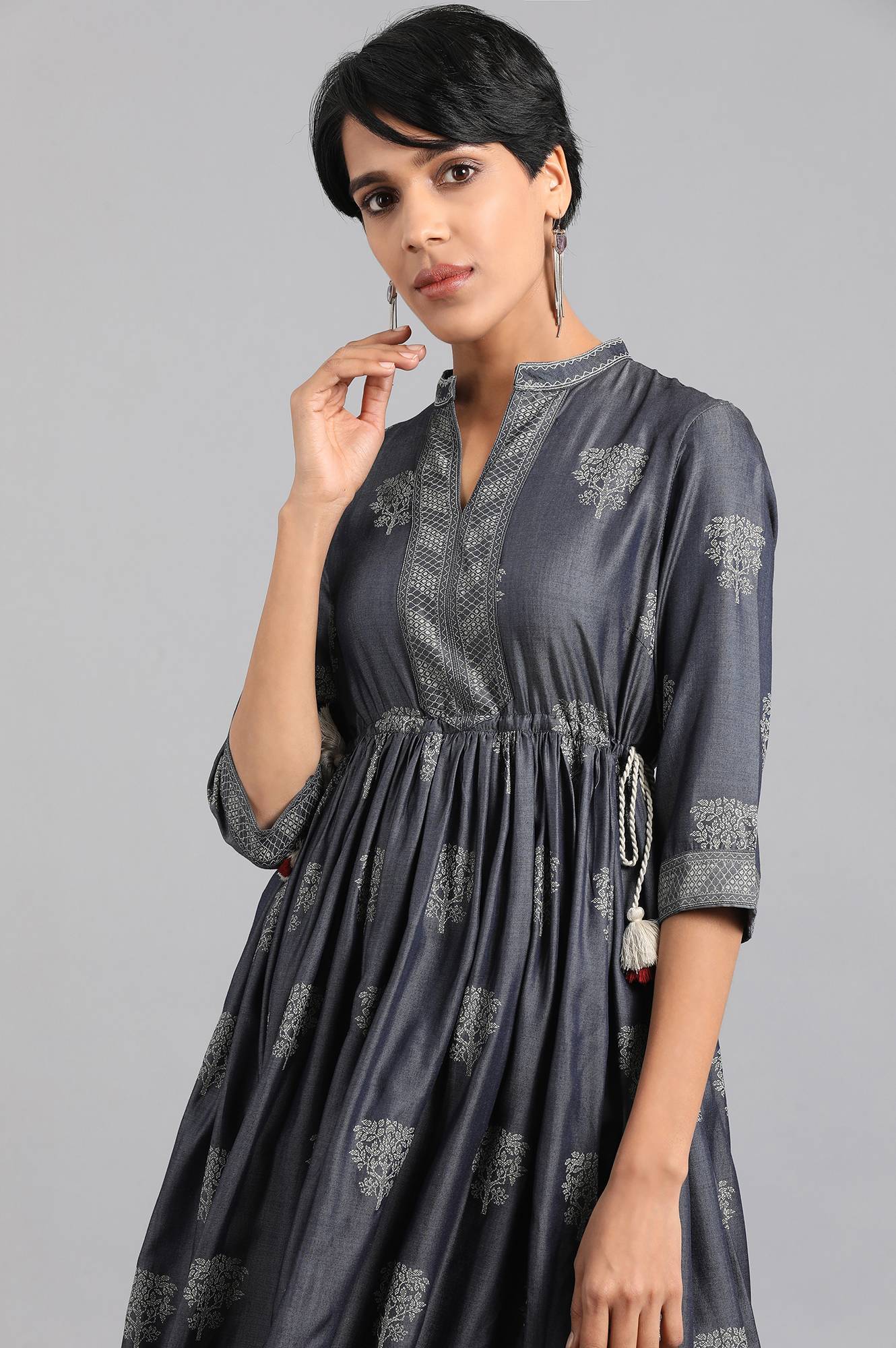 Blue Mandarin Neck Gathered kurta Dress