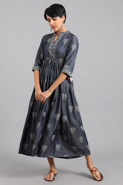 Blue Mandarin Neck Gathered kurta Dress - wforwoman