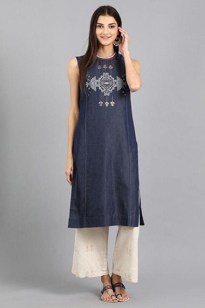 Blue Mandarin Neck Printed kurta - wforwoman