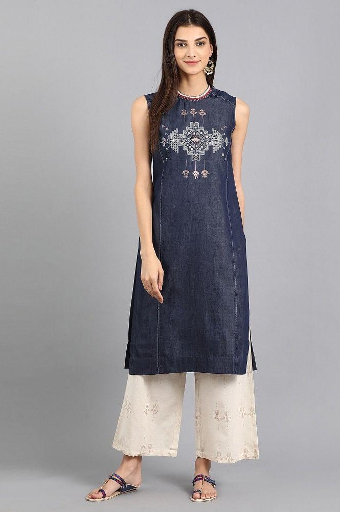 Blue Mandarin Neck Printed kurta - wforwoman