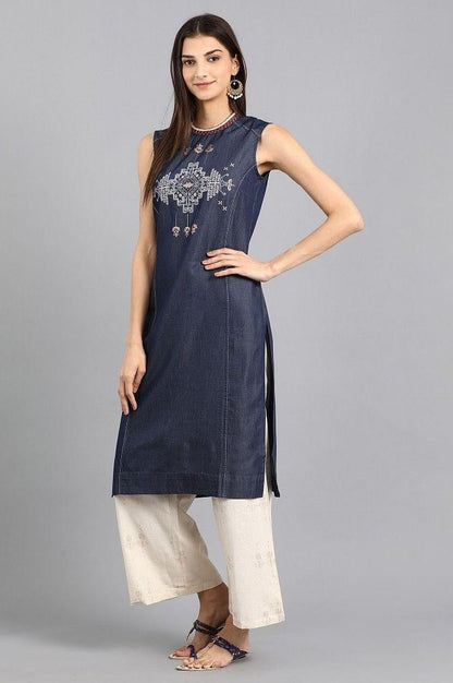 Blue Mandarin Neck Printed kurta - wforwoman