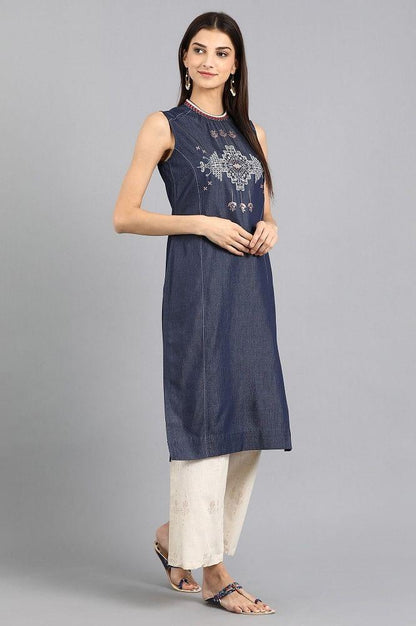 Blue Mandarin Neck Printed kurta - wforwoman