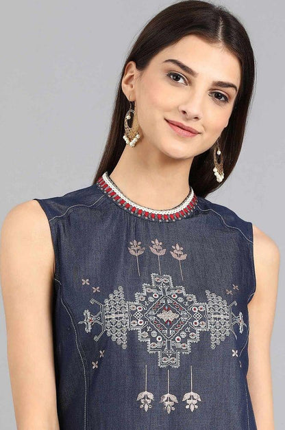 Blue Mandarin Neck Printed kurta - wforwoman