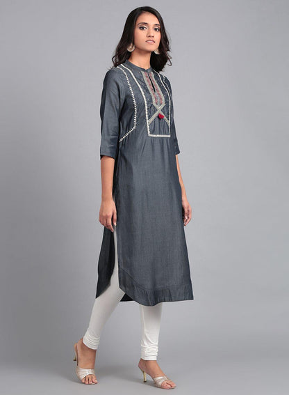 Blue Round Neck Embroidered kurta - wforwoman