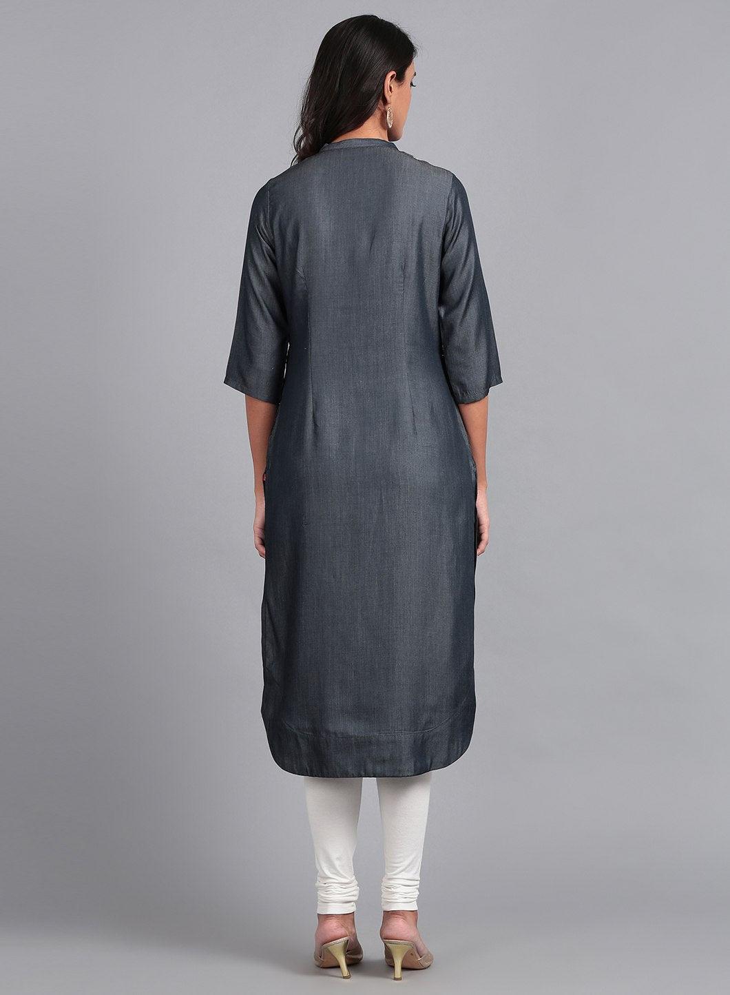 Blue Round Neck Embroidered kurta - wforwoman