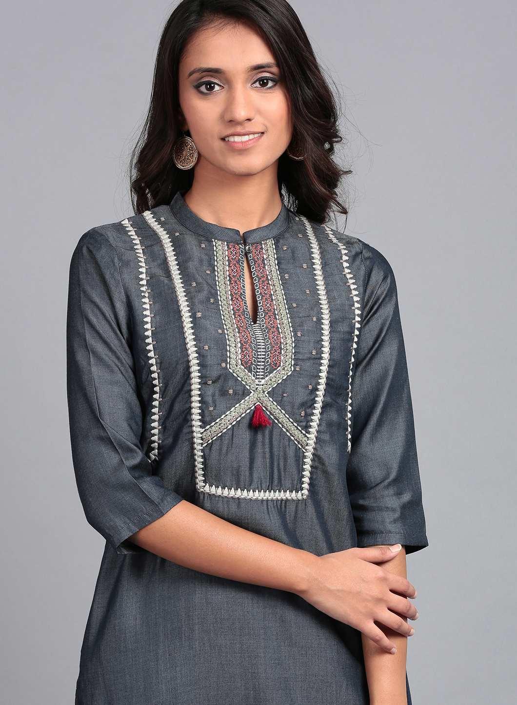 Blue Round Neck Embroidered kurta - wforwoman