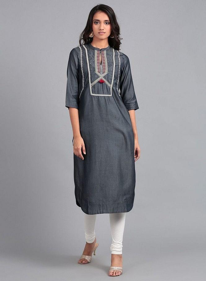 Blue Round Neck Embroidered kurta - wforwoman