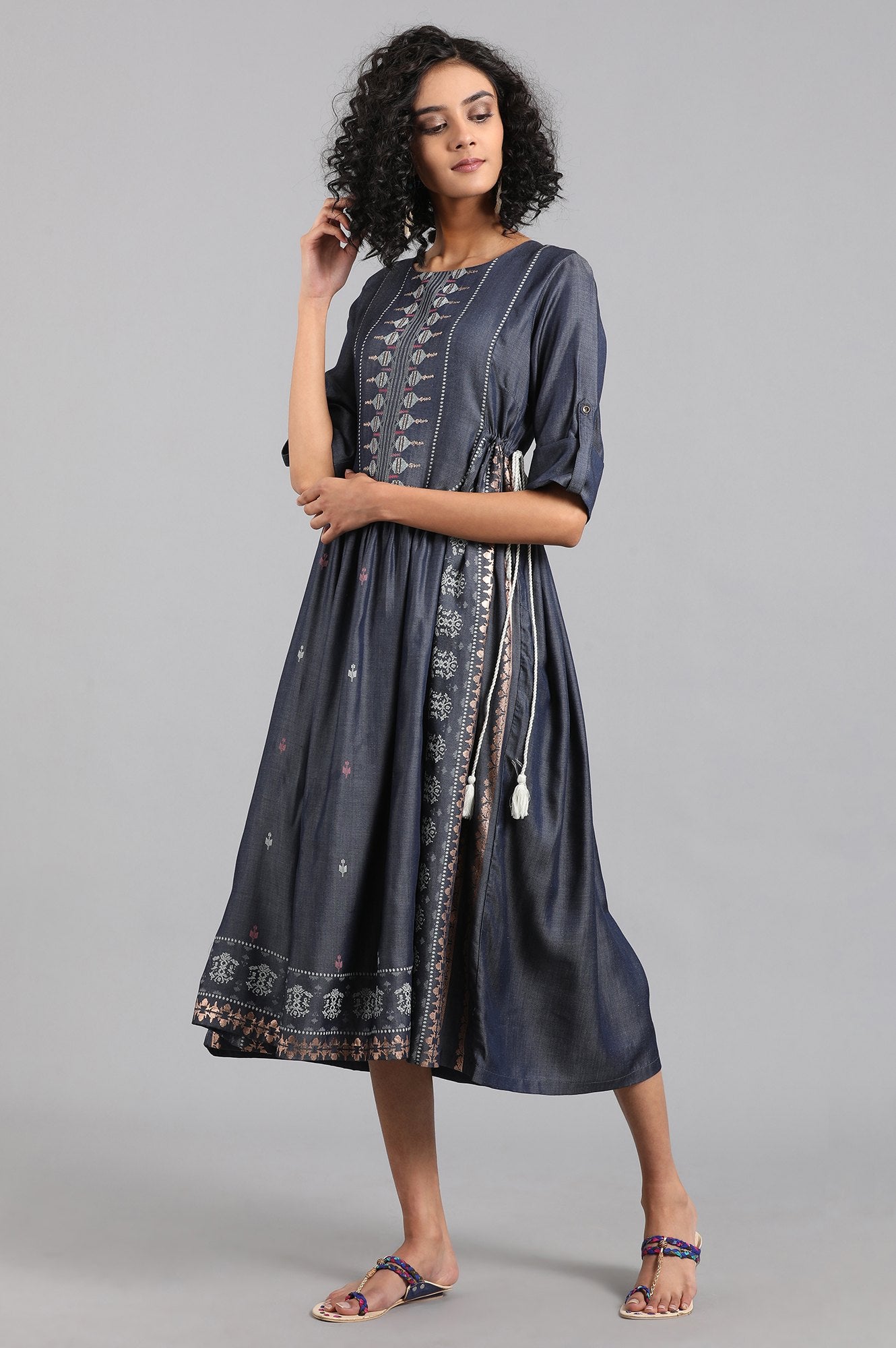 Blue Round Neck Gathered kurta Dress