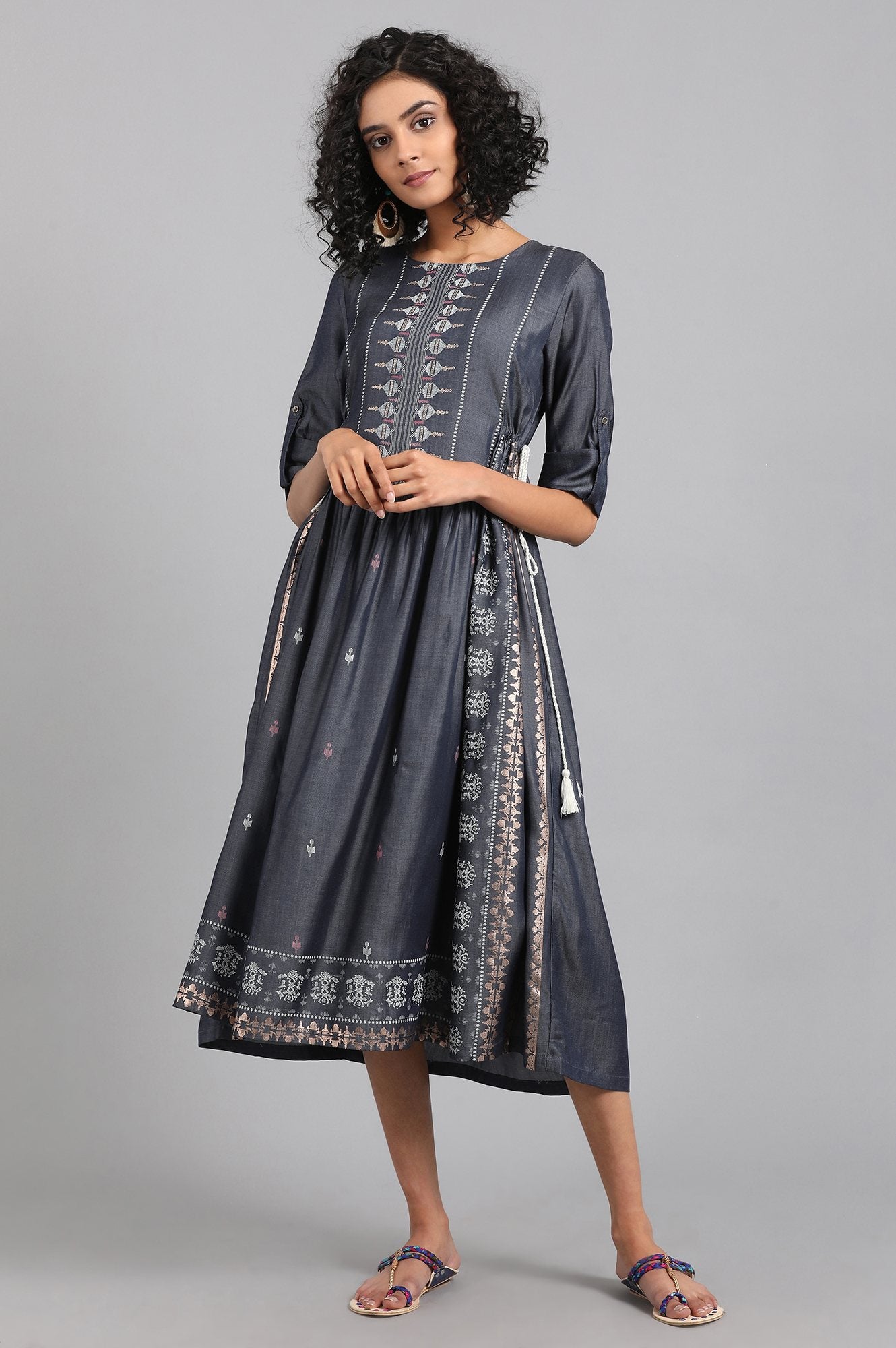 Blue Round Neck Gathered kurta Dress