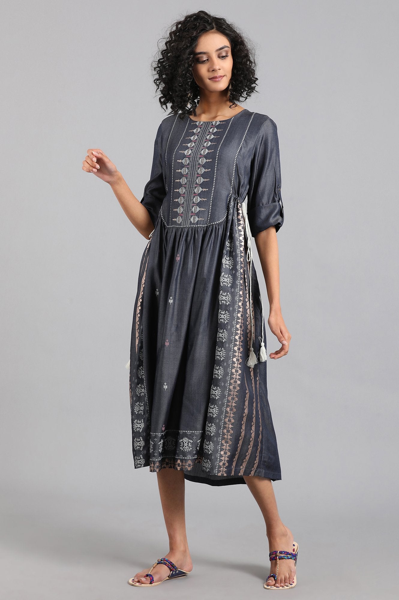 Blue Round Neck Gathered kurta Dress