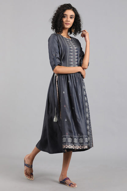 Blue Round Neck Gathered kurta Dress