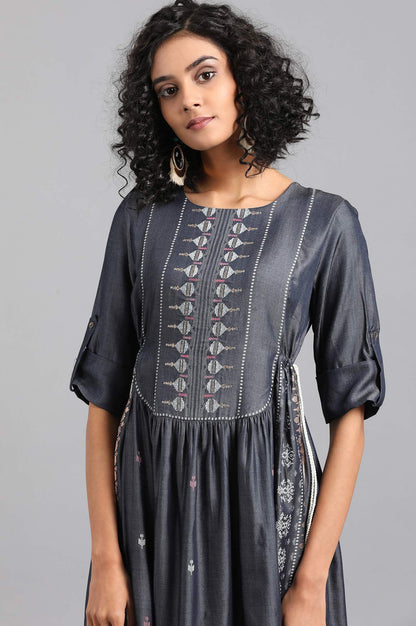 Blue Round Neck Gathered kurta Dress