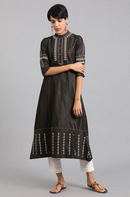 Blue Mandarin Neck A-line kurta - wforwoman