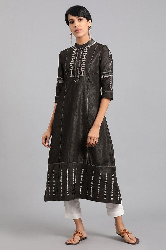 Blue Mandarin Neck A-line kurta - wforwoman