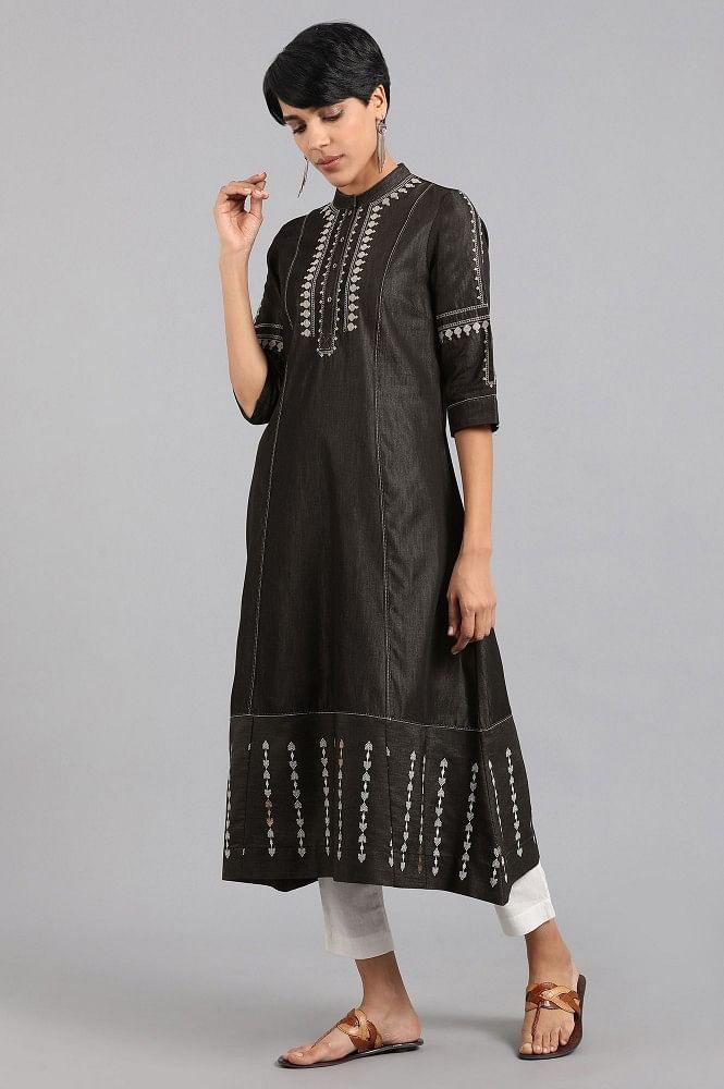 Blue Mandarin Neck A-line kurta - wforwoman