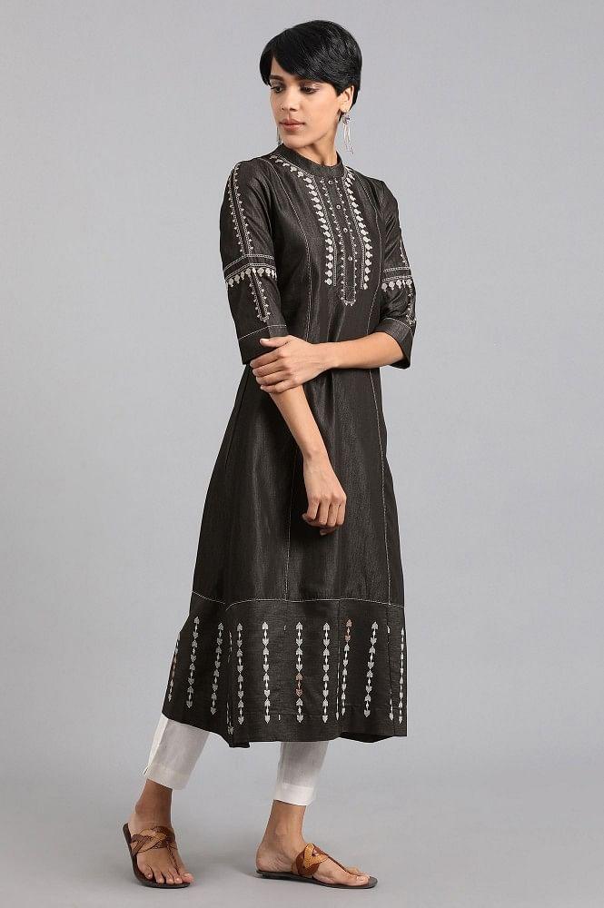 Blue Mandarin Neck A-line kurta - wforwoman