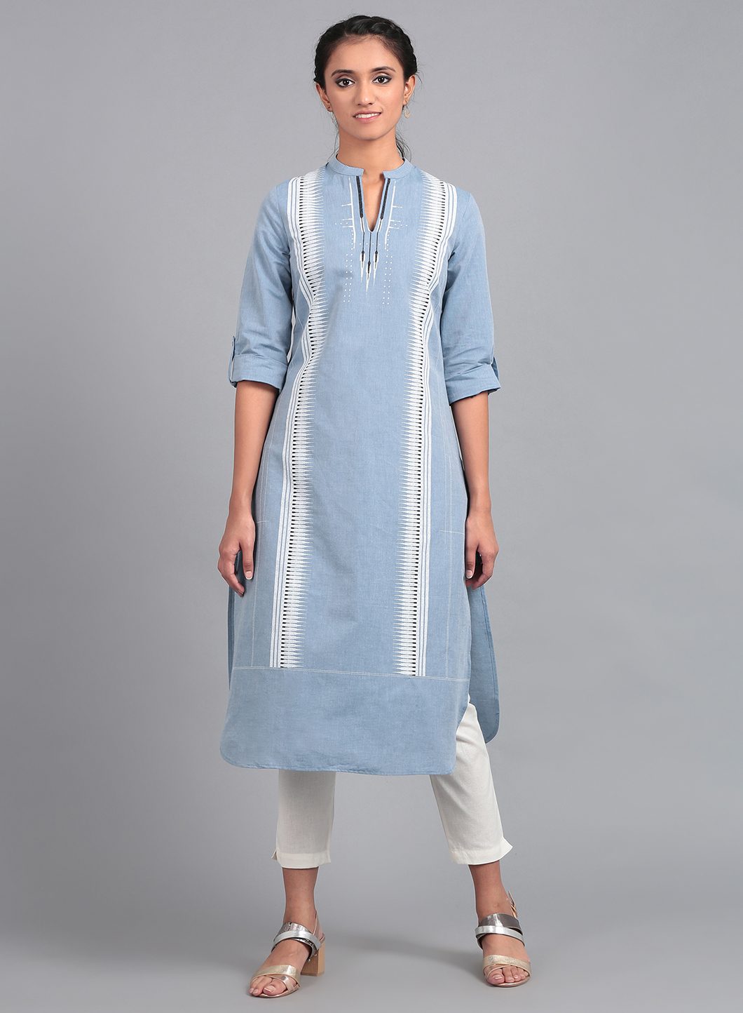 Blue Mandarin Neck Printed kurta