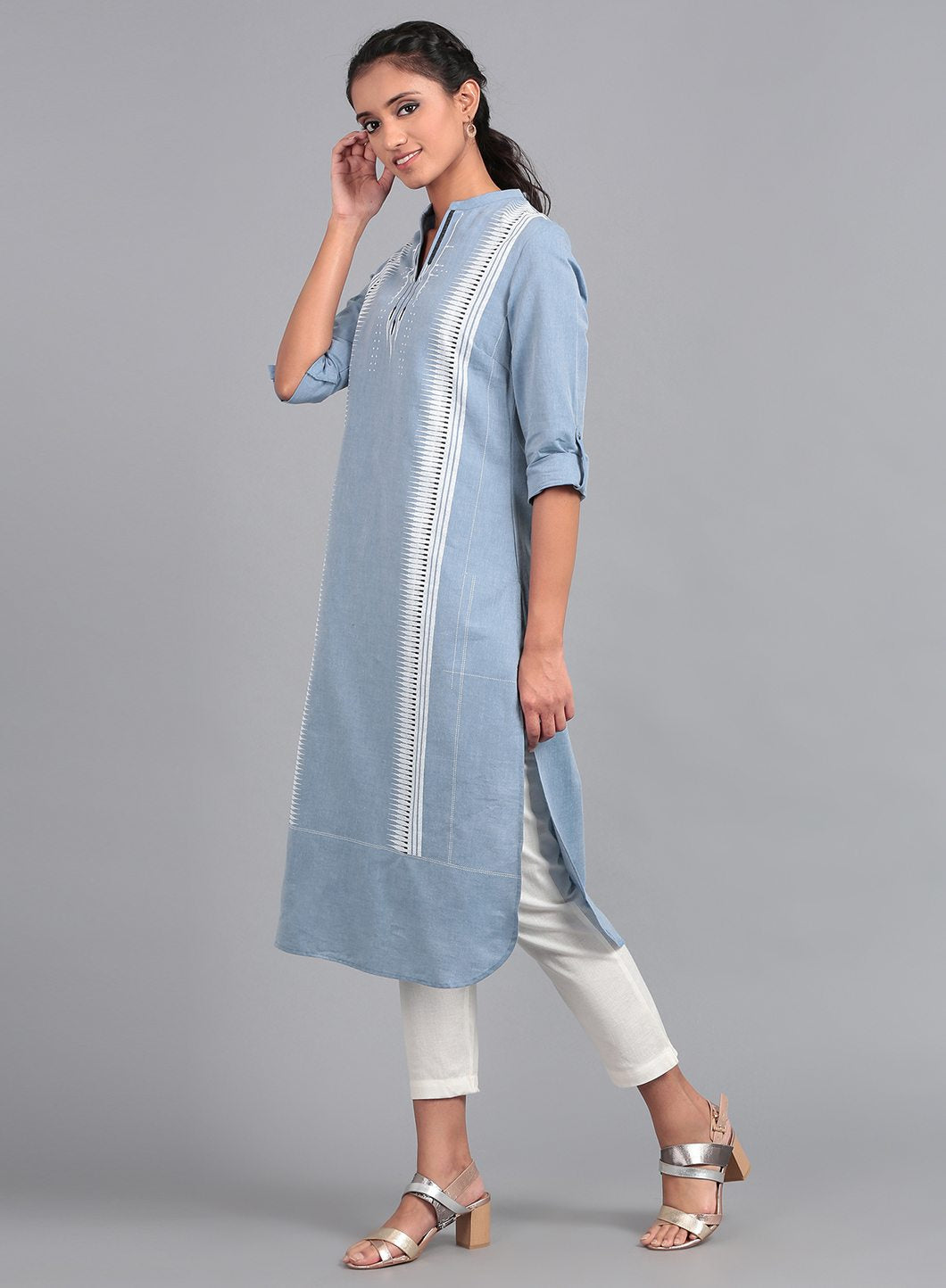 Blue Mandarin Neck Printed kurta