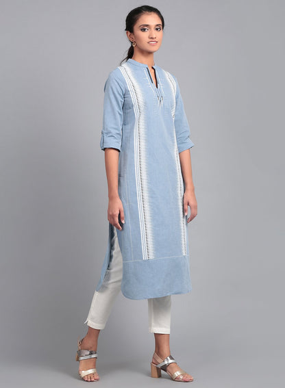 Blue Mandarin Neck Printed kurta