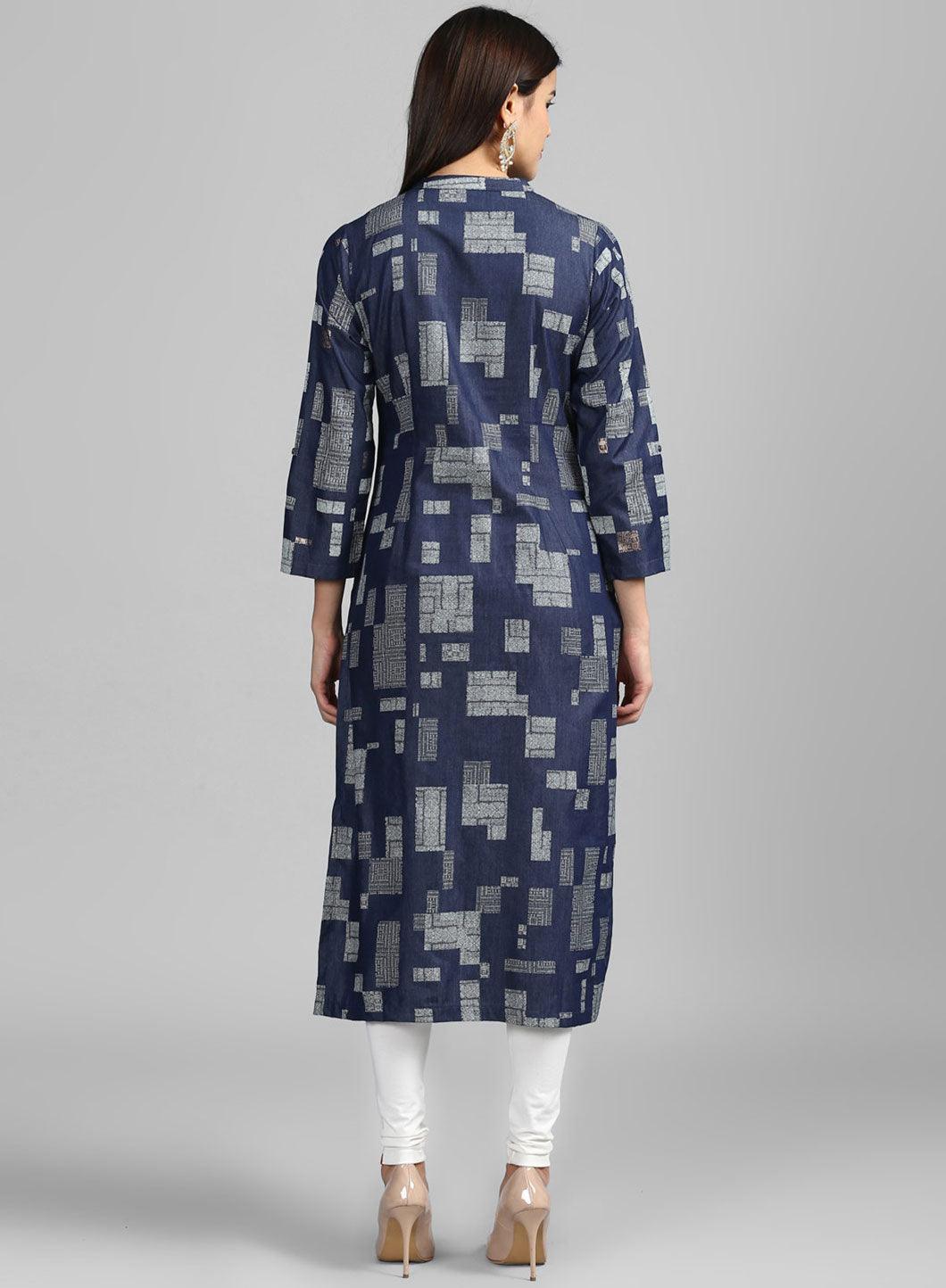 Blue Mandarin Neck Festive Denim kurta - wforwoman