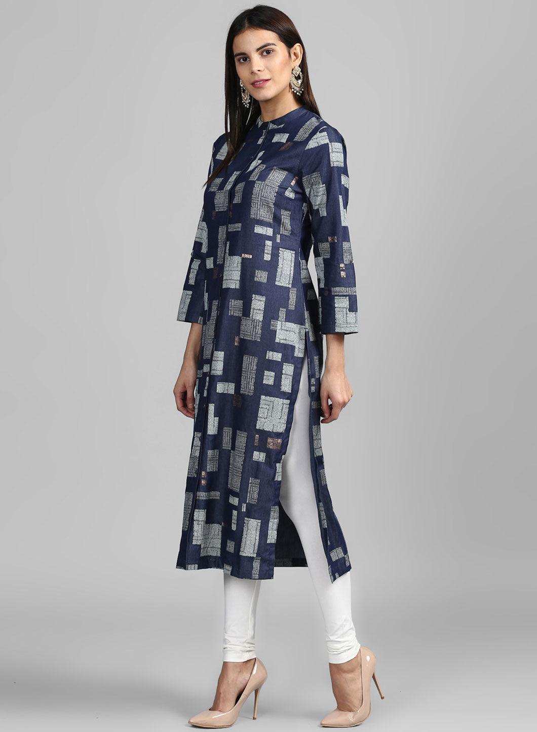 Blue Mandarin Neck Festive Denim kurta - wforwoman