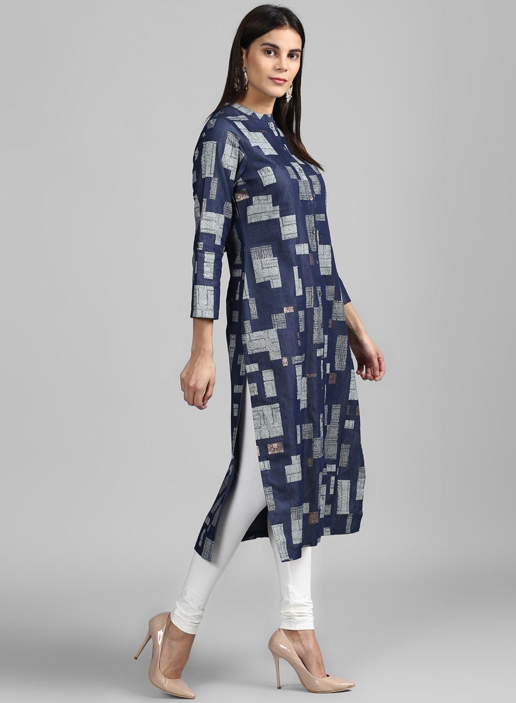 Blue Mandarin Neck Festive Denim kurta - wforwoman