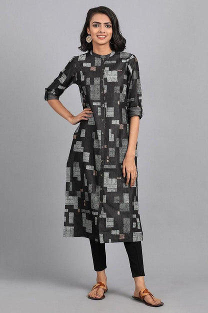 Grey Mandarin Neck Printed kurta Dress - wforwoman