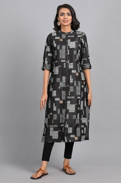 Grey Mandarin Neck Printed kurta Dress - wforwoman