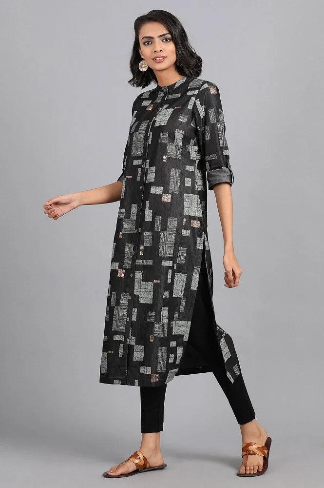 Grey Mandarin Neck Printed kurta Dress - wforwoman