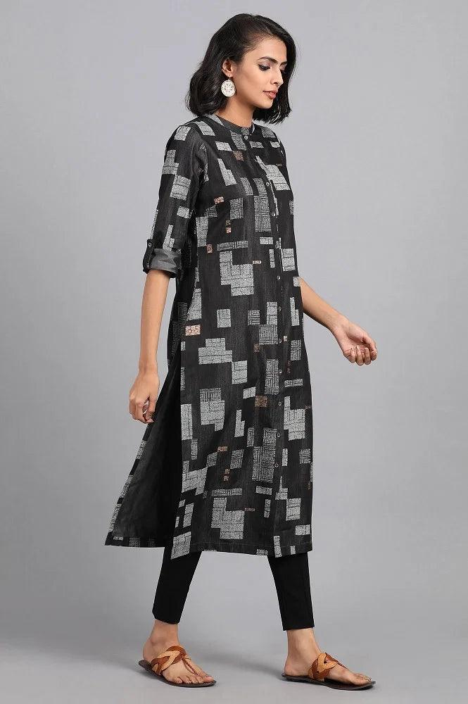 Grey Mandarin Neck Printed kurta Dress - wforwoman