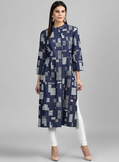 Blue Mandarin Neck Festive Denim kurta - wforwoman