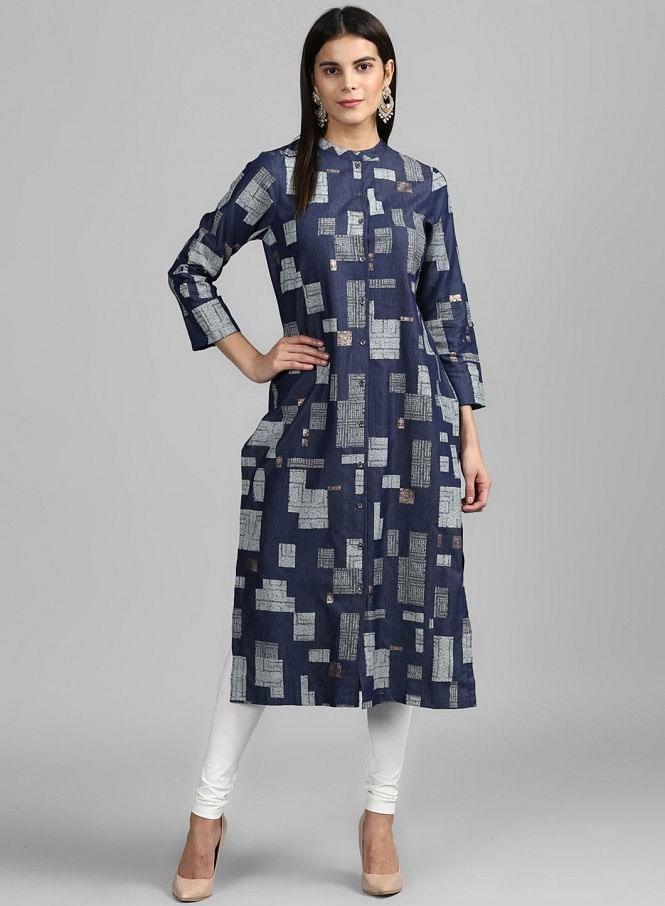 Blue Mandarin Neck Festive Denim kurta - wforwoman