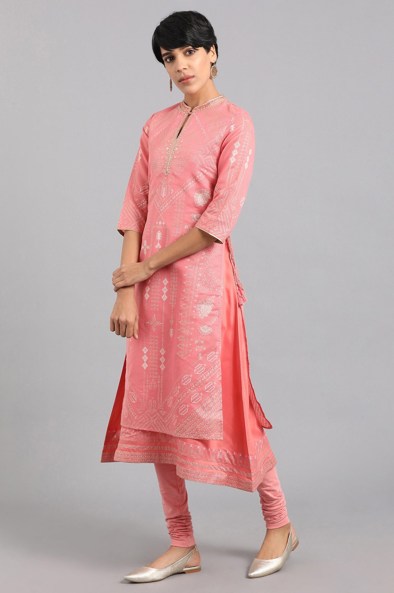 Pink Mandarin Neck Layered kurta