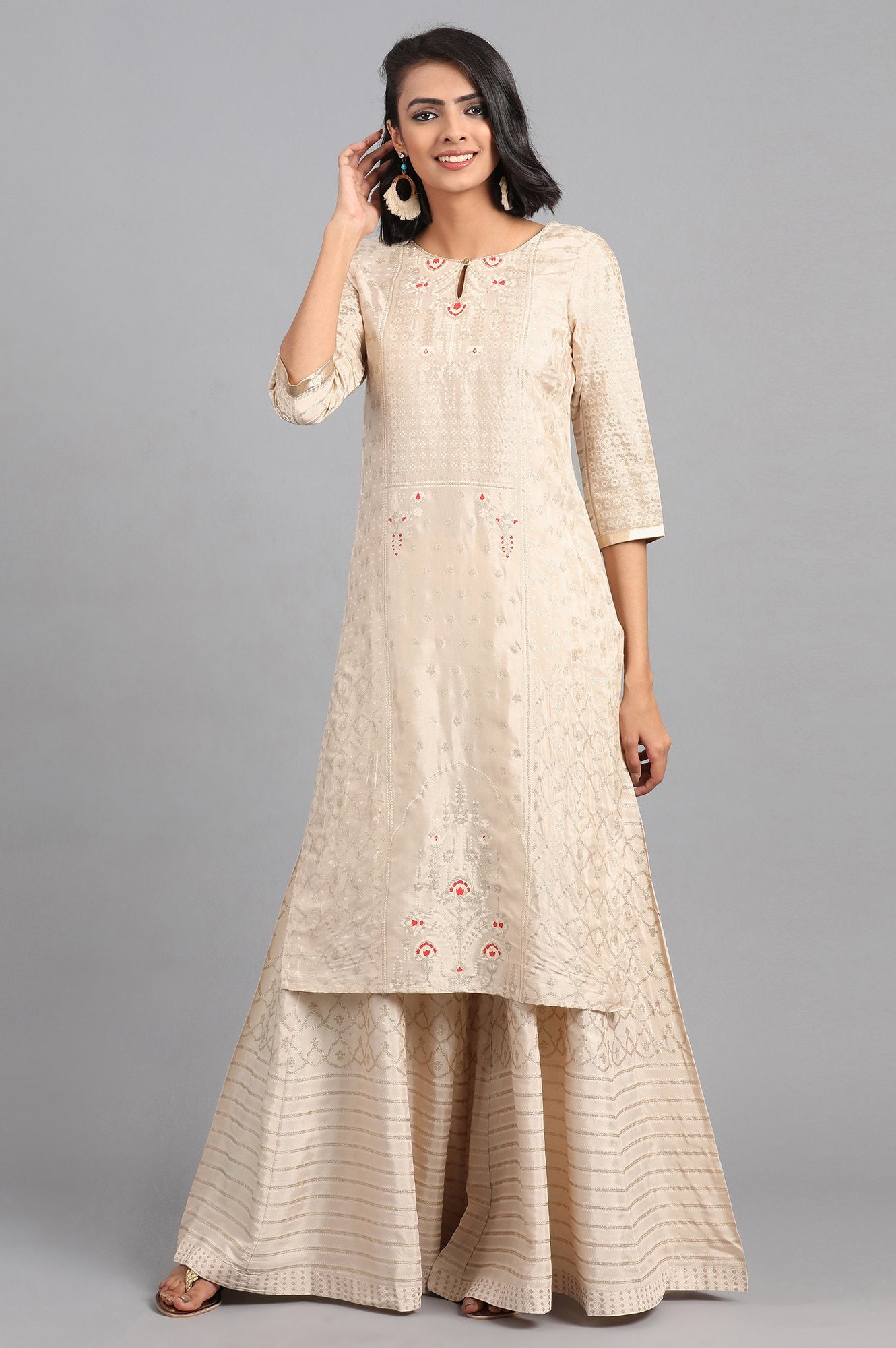 Ecru Round Neck Glitter Print kurta