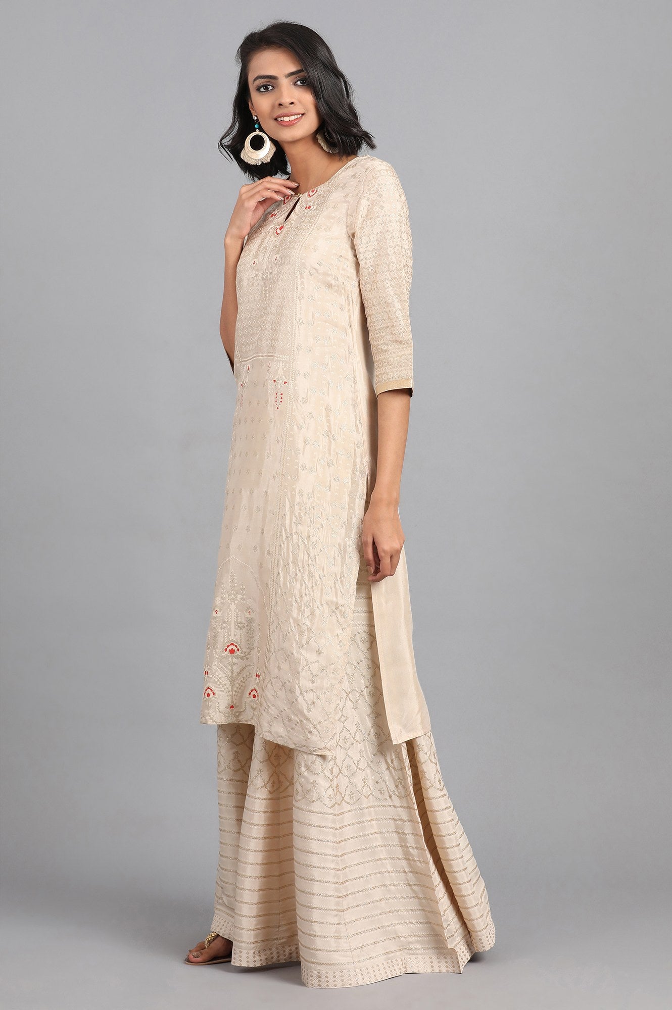 Ecru Round Neck Glitter Print kurta