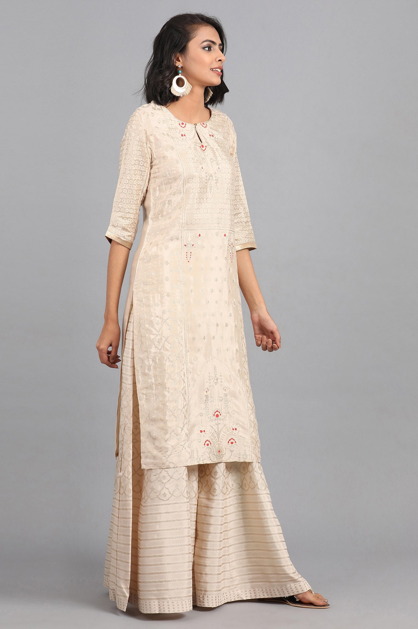 Ecru Round Neck Glitter Print kurta