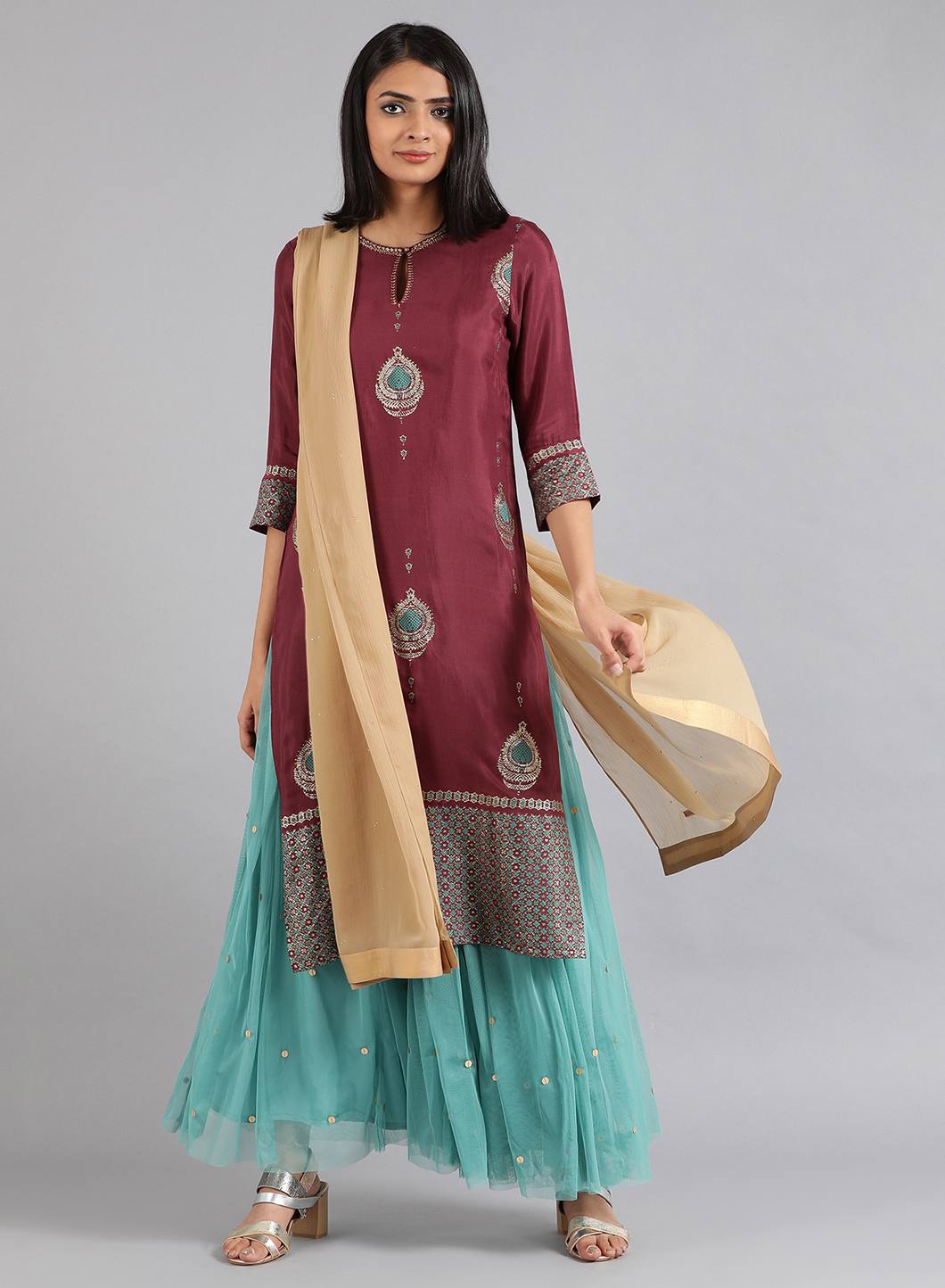 Purple Round Neck Printed kurta