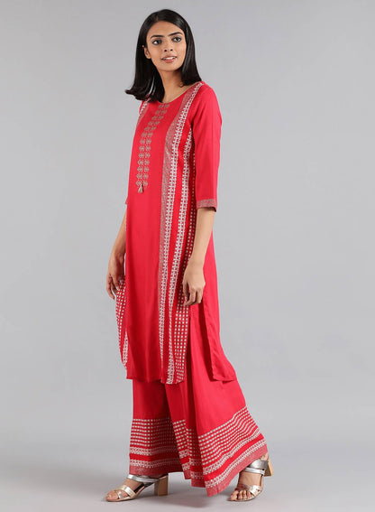 Red Round Neck Printed kurta