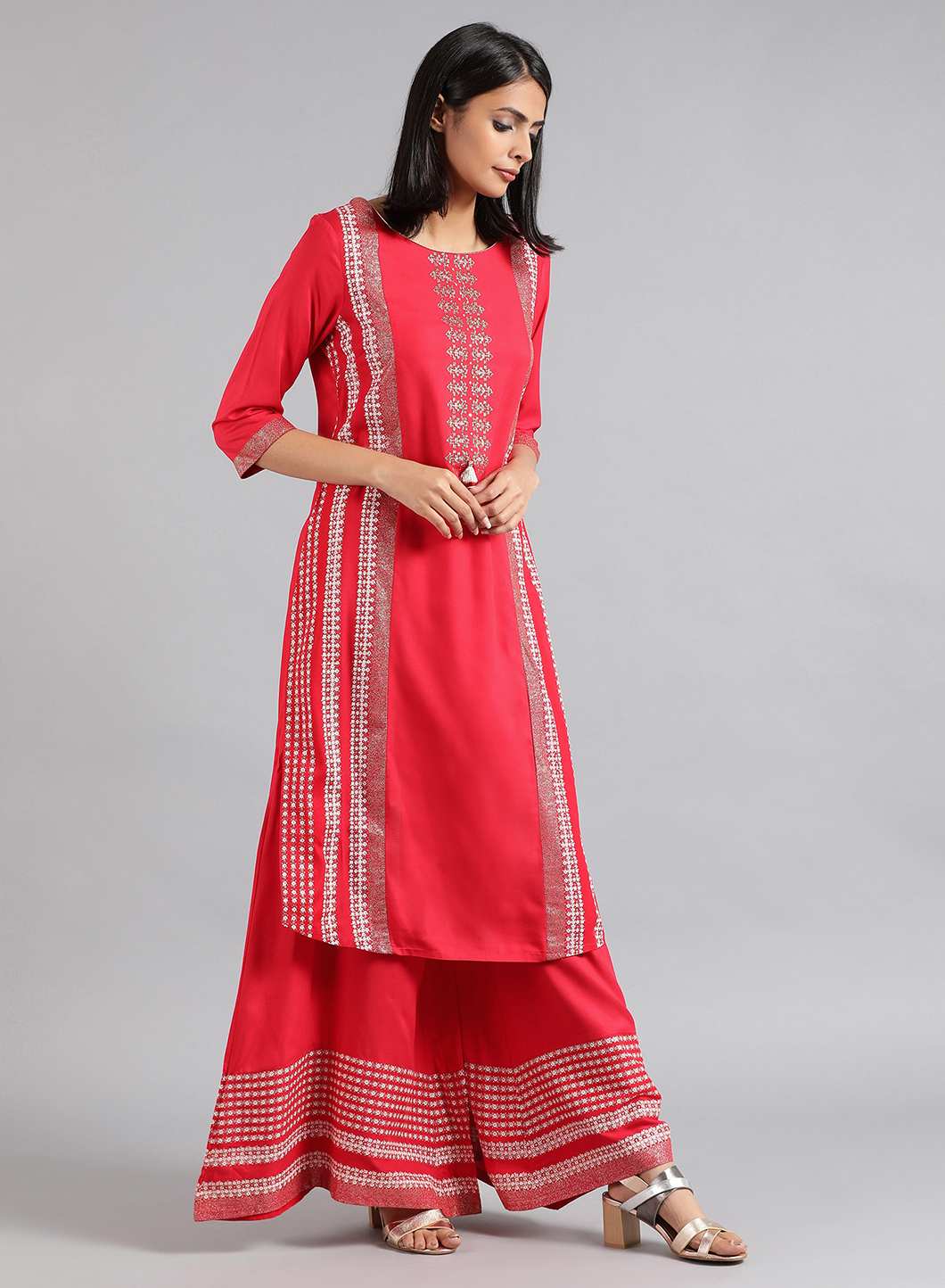 Red Round Neck Printed kurta