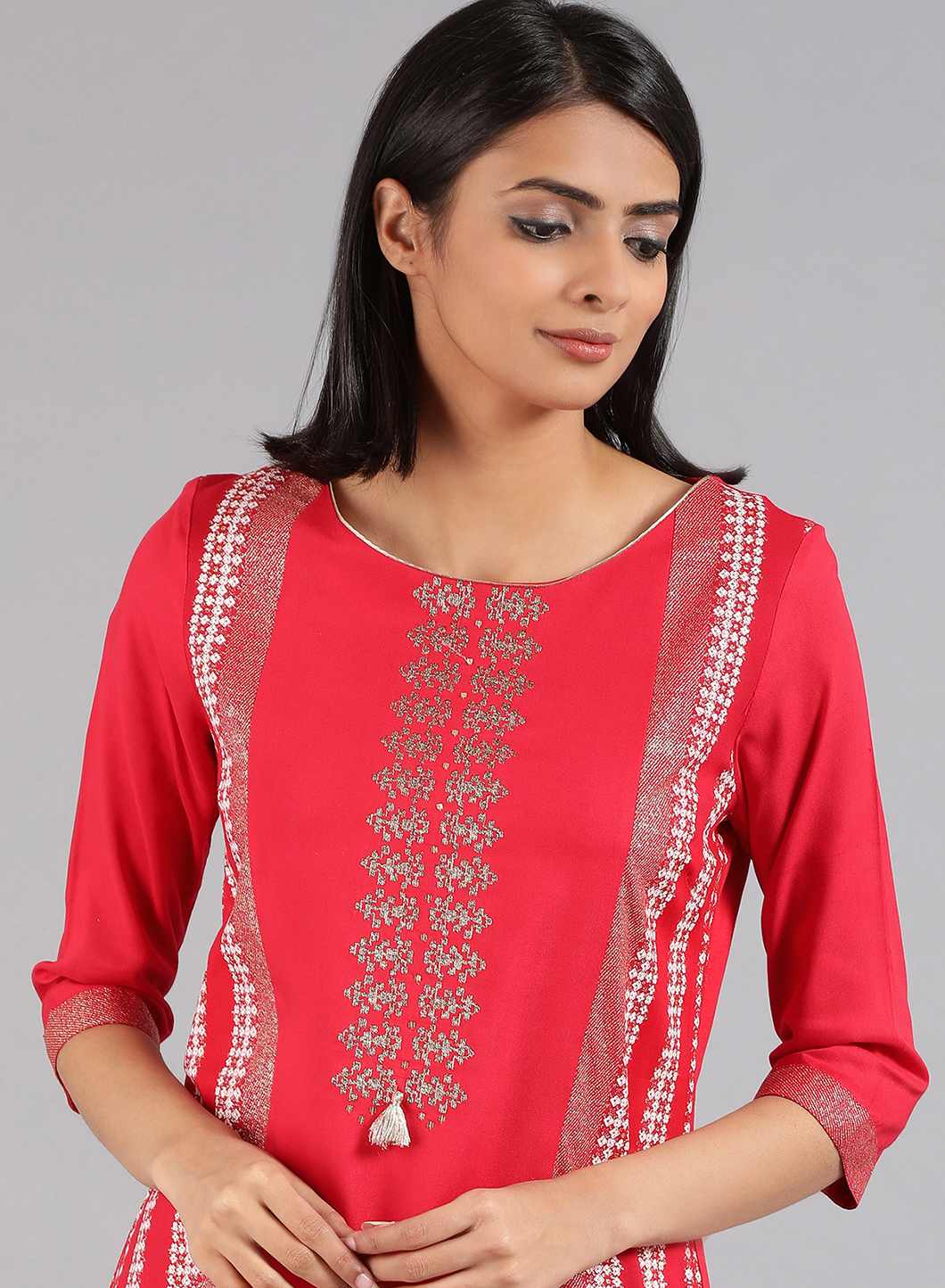 Red Round Neck Printed kurta