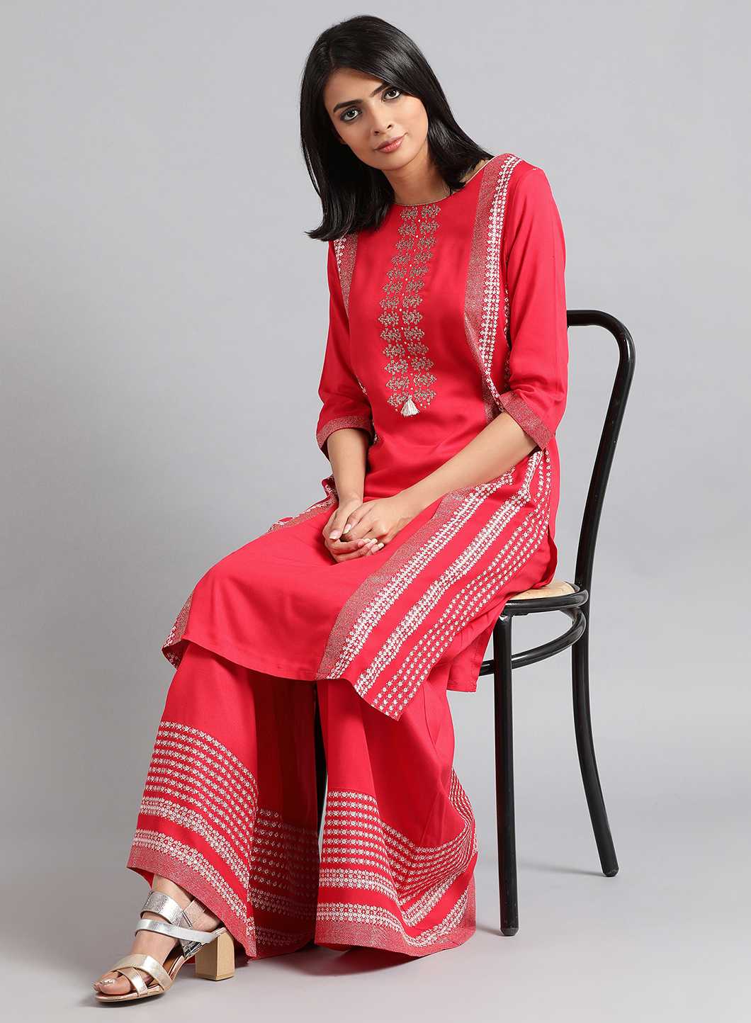 Red Round Neck Printed kurta