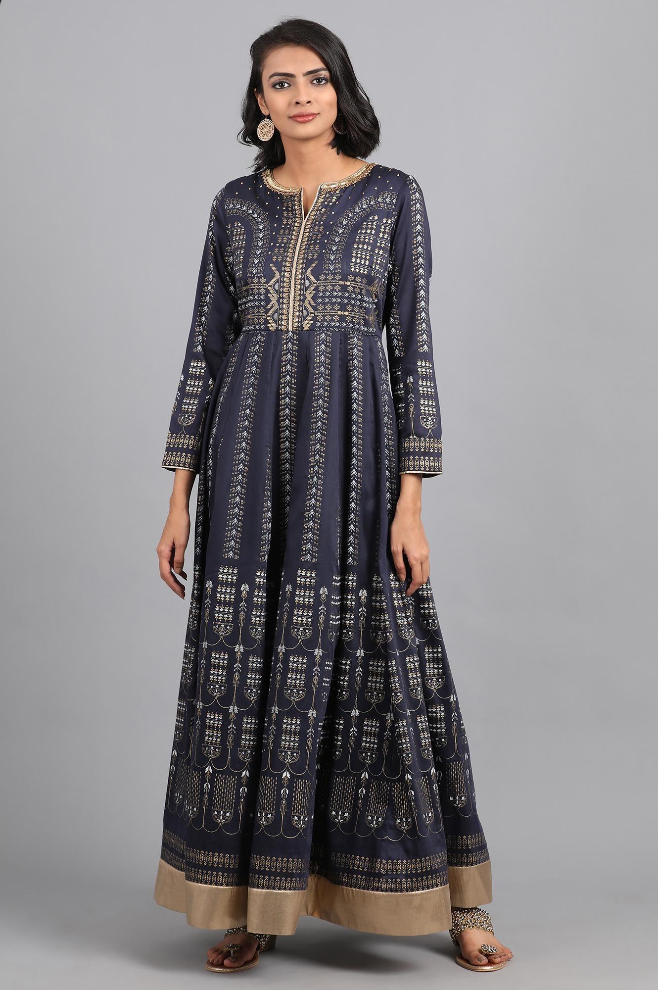 Blue Round Neck Tie-Up kurta - wforwoman