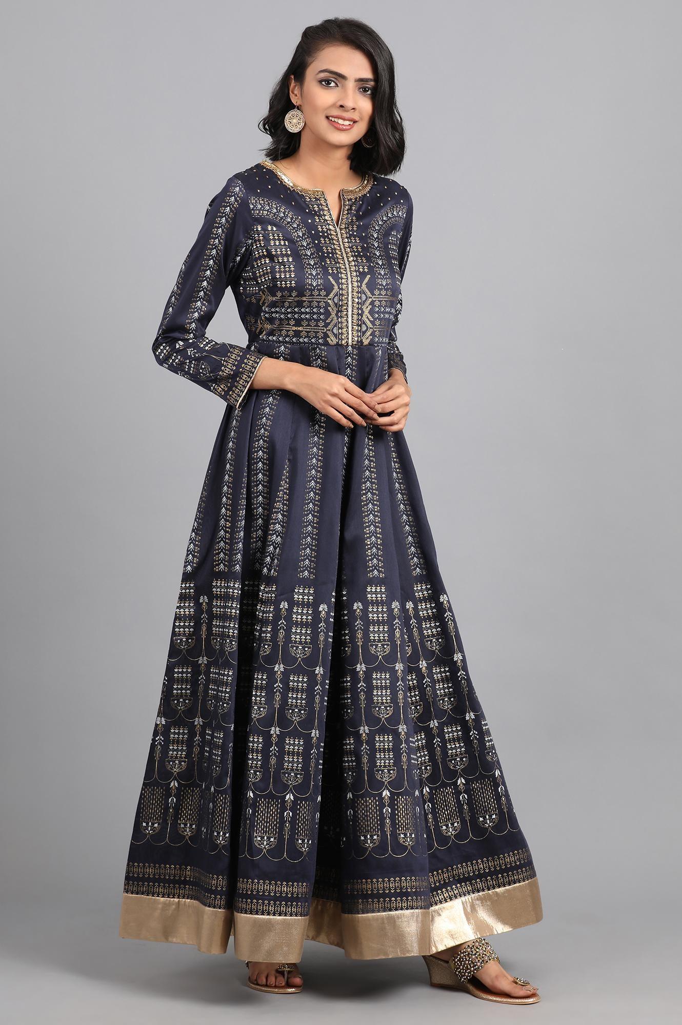 Blue Round Neck Tie-Up kurta - wforwoman