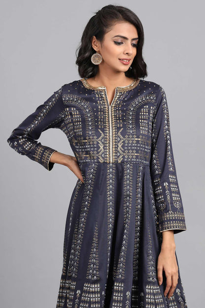 Blue Round Neck Tie-Up kurta - wforwoman