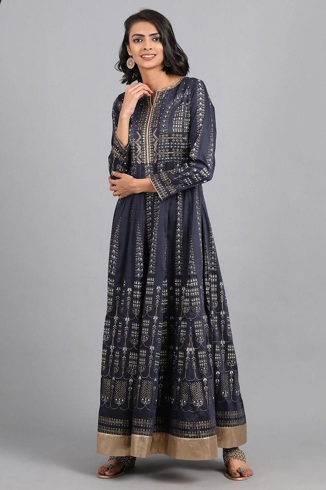 Blue &amp; Gold Khadi Print Gown - wforwoman