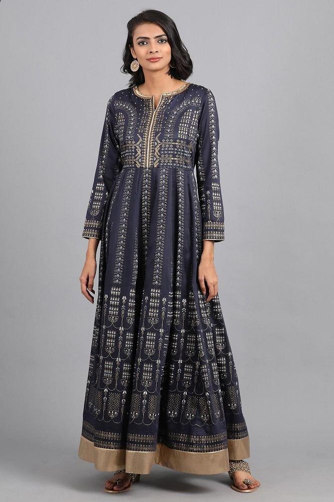 Blue &amp; Gold Khadi Print Gown - wforwoman