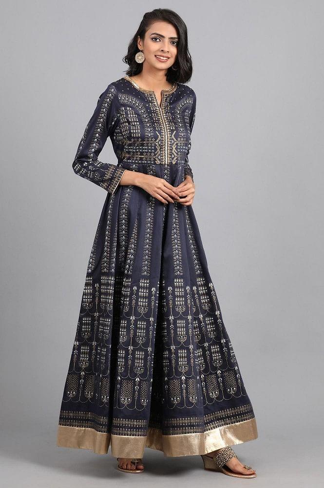 Blue &amp; Gold Khadi Print Gown - wforwoman