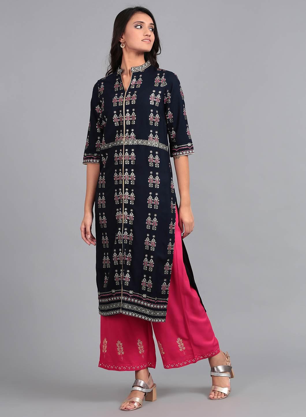 Blue Mandarin Neck Printed kurta - wforwoman